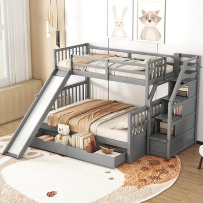 DESMIU Stapelbed 90x200cm en 140x200cm – Met Glijbaan en Trap – Met Opberglades – Voor Kinderkamer en Spelen – Grenenhout en MDF – Grijs – Zonder Matras
