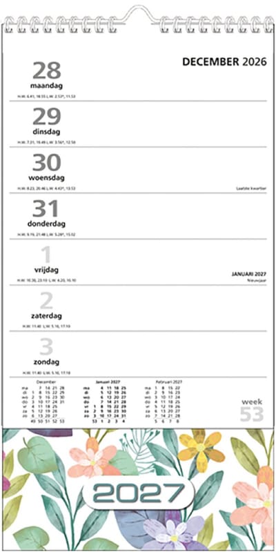 MGPcards - XL Minikalender 2027 - Week begint op maandag - 16 x 30 cm - Bloemen - Pastel