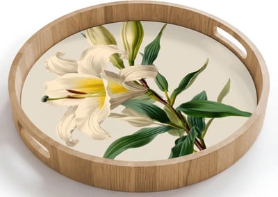 Dienblad rond 40x40 cm - Schootdienblad hout - Lelie - Elegant - Botanisch - Beige - Borrelplank rechthoek - Plateau houten dienbladen