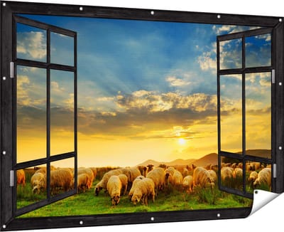 Gards Tuinposter Doorkijk Kudde Schapen op het Gras bij Zonsondergang - 180x120 cm - Tuindoek - Tuindecoratie - Wanddecoratie buiten - Tuinschilderij