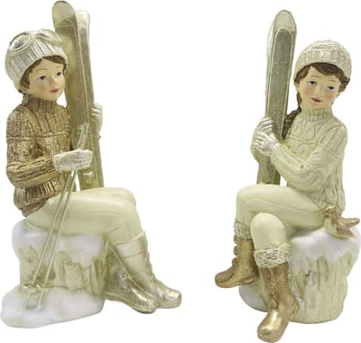 Clayre & Eef Beeld Set van 2 Kinderen 18 cm Beige Goudkleurig Kunststof