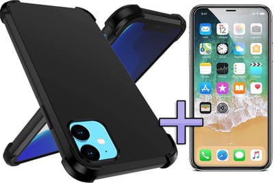 HB Hoesje Geschikt voor Apple iPhone 11 - Anti Shock Hybrid Back Cover / Glazen Screenprotector - Zwart