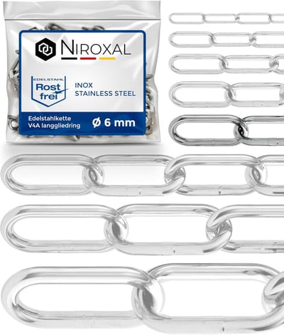 Roestvrijstalen ketting 6 mm dik, 3 meter lang, V4A, geschikt voor binnen en buiten