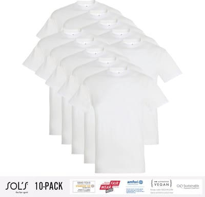 10 Pack Sol's Heren T-Shirt 100% biologisch katoen Ronde hals wit Maat S
