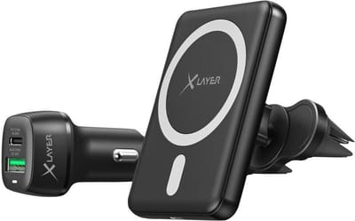 XLayer Draadloze autohouder en oplaad starterset -  Magnetische autohouder voor ventilatierooster - Inclusief autolader 1 x USB-C PD 20W, 1 x USB QuickCharge 3.0 18W - Wireless magnetic car charger set - zwart