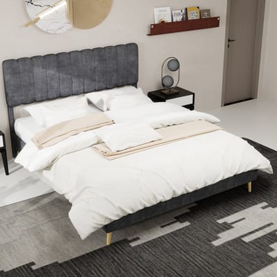 Modern minimalistisch gestoffeerd bed met zacht hoofdeinde - 160x200 cm - grijs - multifunctioneel slaapkamermeubilair - laag profiel onderstel (zonder opbergruimte) - matras niet inbegrepen.