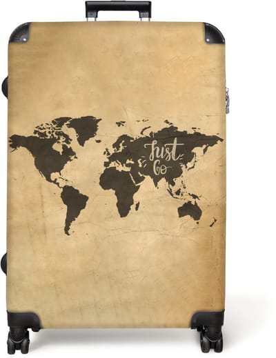 NoBoringSuitcases.com® - Koffer groot - Reiskoffer lichtgewicht - Wereldkaart - Vintage - 'Just go' - Reizen - Rolkoffer met 4 wielen - Grote trolley XL - 98 liter bagage