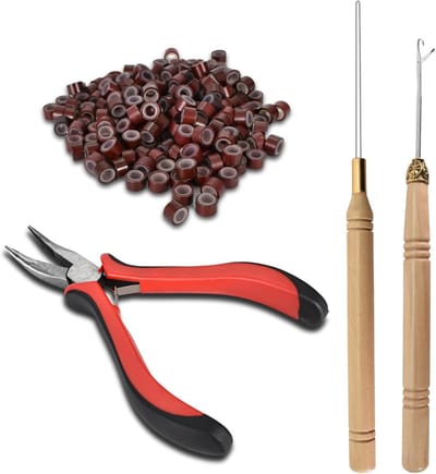 4-in-1 Haarverlenging Toolset met 200 Micro Ringen, Pliers, Haakjes en Silicone Nanoring Gereedschap voor Pruik en Haarverlengingen (Bruine Microringen)