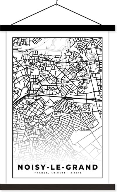 Posterhanger incl. Poster 40x60 cm - Schoolplaat - Stadskaart - Plattegrond - Kaart - Noisy-le-Grand - Frankrijk - Zwart wit - Textielposter - Zwarte latten - Stadskaart