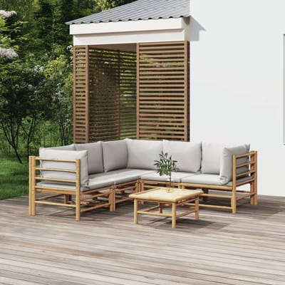 vidaXL - 6-delige - Loungeset - met - kussens - bamboe - lichtgrijs