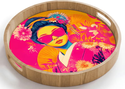 Dienblad rond 40x40 cm - Schootdienblad hout - Vrouw - Zonnebril - Abstract - Oranje - Borrelplank rechthoek - Plateau houten dienbladen