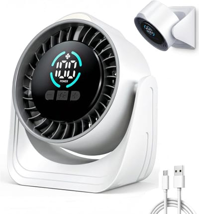 Tafelventilator - draagbare turboventilator, 100 standen traploos regelbaar, stille slaapmodus met nachtlampje, type C snel opladen, 360° tafel- en wandventilator voor outdoor, camping, huis, kantoor