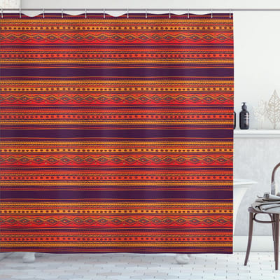 New Bed, Oranje Abstract etnisch krabbelontwerp, Douchegordijn Badkamer Decor Set met Haakjes, 180 cm B 200 cm L