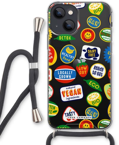 Case Company® - Hoesje met koord geschikt voor iPhone 13 mini hoesje met Koord - Fruitsticker - Telefoonhoesje met Zwart Koord - Bescherming aan alle Kanten en Over de Schermrand