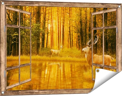 Gards Tuinposter Doorkijk Twee Herten in het Bos bij het Water - 90x60 cm - Tuindoek - Tuindecoratie - Wanddecoratie buiten - Tuinschilderij