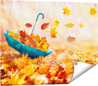 Gards Tuinposter Blauwe Paraplu in de Herfstbos met Bladeren - 80x60 cm - Tuindoek - Tuindecoratie - Wanddecoratie buiten - Tuinschilderij