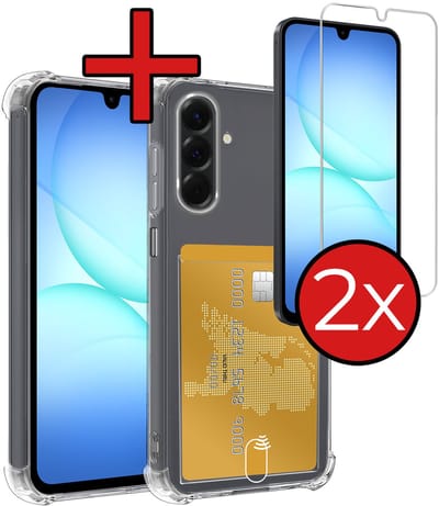 Hoesje - Geschikt voor Samsung Galaxy A17 - Met 2x Screenprotector - Pashouder - Kaarthouder - Back Cover - Telefoon Hoes Shockproof - Siliconen Case - Shock Proof - Pasjes Houder - Telefoonhoes - Transparant