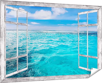 Gards Tuinposter Doorkijk Blauwe Caribische Zee Water - 180x120 cm - Tuindoek - Tuindecoratie - Wanddecoratie buiten - Tuinschilderij