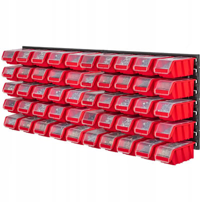 KADAX Werkplaatsrek, 116 x 39 cm, gereedschapswandrek van robuust kunststof, uv-bestendig opslagsysteem, uitbreidbare wandplaten, werkplaats of tuin (rood, 50 stuks)
