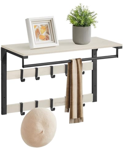VASAGLE Wandkapstok, met plank, wandrek met 10 afneembare haken, hangrek, wandmontage, 2 garderobesturen, kledingstang, voor hal, slaapkamer, badkamer, vintage wit-zwart LCR101W03