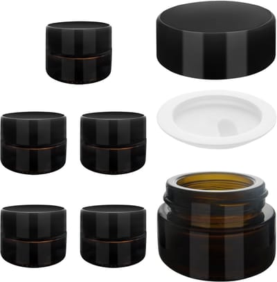Set van 6 Stuks 5ml Bruine Glazen Cosmetische Potjes, Lege Amber Glazen Potjes voor Crèmes, Lotion en Make-up met Schroefdoppen en Witte Inlegvellen