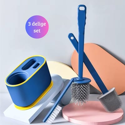 Janse® Siliconen toiletborstel blauw set van 3 - Wc borstel met houder - Hygiënische toilet borstel