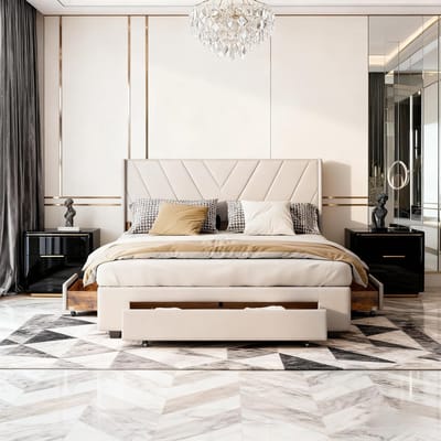 Bedframe met lades - Tweepersoons bed - Slaapkamer opbergen - Stoffen bekleding linnen - 140 x 200 cm - Beige