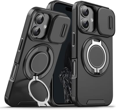 Armor Tough [360° draaibare ringstandaard] [compatibel met Magsafe] Hoesje Geschikt voor: iPhone 16 - Ingebouwde dia camera cover - Hybrid - Zwart