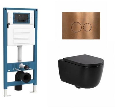 QeramiQ Dely Swirl Toiletset - inbouwreservoir Qeramiq Flush - 35mm zitting - metaal koperen bedieningsplaat - ronde knoppen - mat zwart