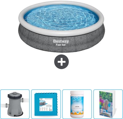 Bestway Rond Opblaasbaar Fast Set Zwembad - Rotanprint - 366 x 76 cm - Inclusief Pomp Vloertegels - Chloor - Zwembadgids