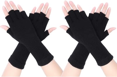 Unisex - Vingerloze handschoenen - Halve vinger - Stretch gebreide handschoenen - Verlengde polshandschoenen - Winterwarme handschoenen - Zwart - 2 paar