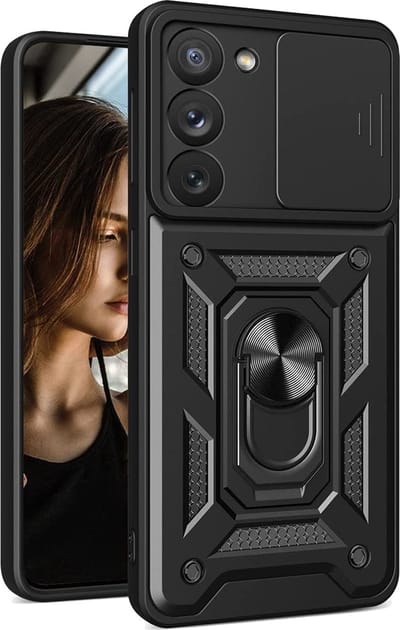 Samsung Galaxy S23 Plus hoesje met Ring Houder en camera bescherming schuifje – Zwart
