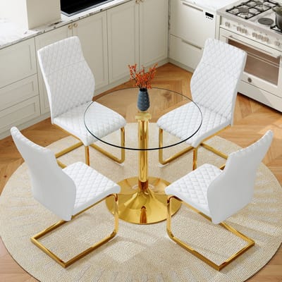 OKWISH Eethoek Set 85 Cm - Ronde Glazen Tafel Met 4 Eetkamerstoelen - Voor Eetkamer Of Woonruimte - Glas Metaal PU - Wit Goud