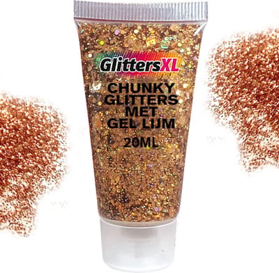 Chunky Glitters met Gel Lijm Tube (Rose Goud) [Volume 20ML - Festival Jewels Glitter Outfit Lichaam en Gezicht - Make-up Diamond Dots Face Body - Diamantjes Strass Steentjes - Kinderen Volwassenen Dames Makeup Tattoo Mastix Schmink]