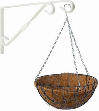 Hanging basket 35 cm met klassieke muurhaak wit en kokos inlegvel - metaal - complete hangmand set