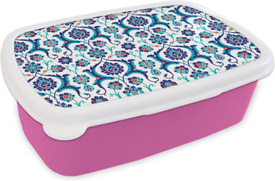 Broodtrommel Roze - Lunchbox - Brooddoos - Bloemen - Patronen - Blauw - 18x12x6 cm - Kinderen - Meisje