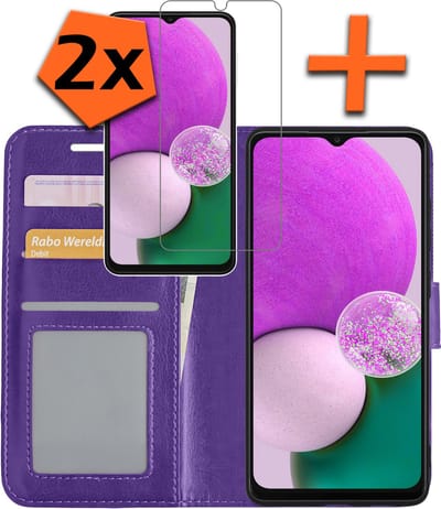 Hoes - Met 2x Screenprotector - Geschikt voor Samsung Galaxy A13 4G - Luxe Pasjeshouder - Bookcase Portemonee - Flip Case - Kunstleer Book Case - Flipcase Hoes - Book Cover - Walletcase - PortemonneeHoes - Paars