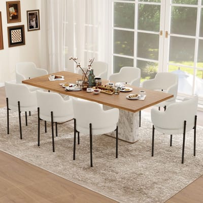 Puluomis - Eetkamerstoelen - Set van 8 - Teddy Fleece - Metalen poten - Gevoerde zitkussens - Gebogen rugleuning armleuning - Wit