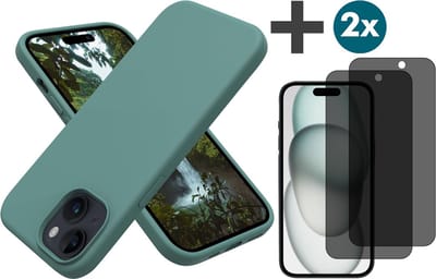 Hoesje met Privacy Screenprotectors 2 Stuks Geschikt voor iPhone 15 Hoesje Siliconen - liquid case - Arara Backcover - Groen