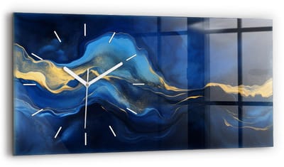 Wallfluent Wandklok - Blauwe marmer Decoratieve Wandklok - 60 cm x 30 cm - Blauw Wandklok - Witte Handen - Wandklok Zonder Cijfers - Stille Wandklok Slaapkamer - Glazen Klok Rechthoekige - Industrieel Wandklok - Stijlvolle Klok