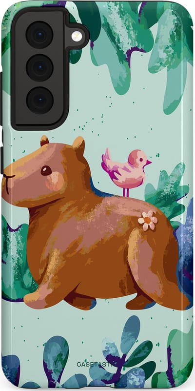 Casetastic Hoesje Geschikt voor Samsung S21 FE - Stijlvolle Beschermende Duo-layer Case - Capibara Vogeltjes Vriend