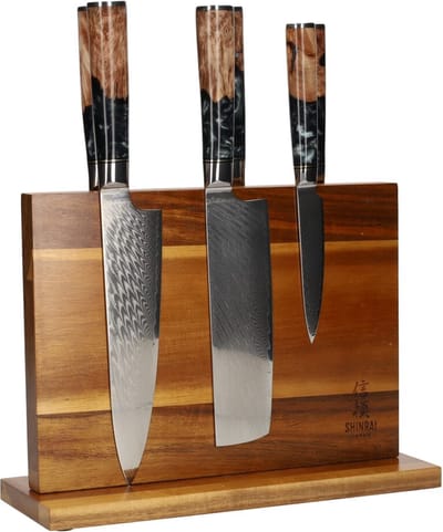 Shinrai Knives Messenset met Blok - 6 delig - Koksmes -Japans Design - Damascus Print Epoxy Onyx - Magnetisch Messenblok Dubbelzijdig - Met Luxe Geschenkdoos - Messenhouder - Keukenmes - Koksmes