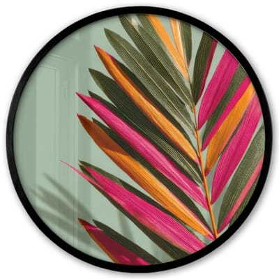 Poster in lijst Rond - Fotolijst 40x40 cm - Posters - Tak - Bladeren - Kleurrijk - Schaduw - Ronde posterlijst zwart - Decoratie - Wanddecoratie woonkamer - Muurdecoratie slaapkamer