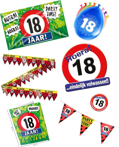 18 jaar verjaardag versiering pakket – vlag - gevelvlag – ballon – paperdreams