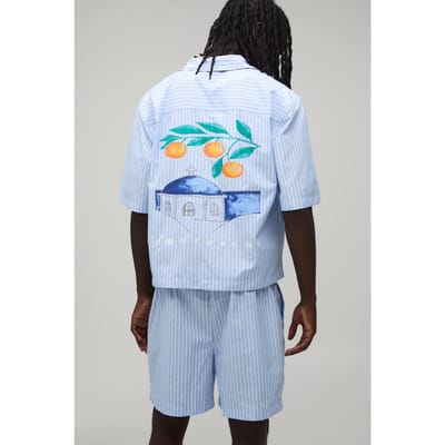 Gestreepte Oversized Korte Mouw Santorini Revere Shirt & Baggy Short Set | Light Blue | Size Small