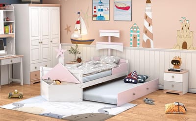 Kinderbed Zeilboot - Lage Kinderkamer - Slapen en Spelen - Uittrekbaar Bed - 90x200 cm - Roze