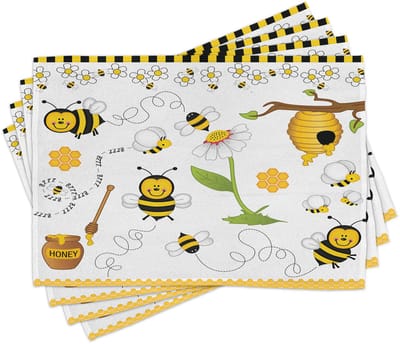 New Bed Bloem Bijen, madeliefjes en kamille Set van 4 Placemat voor Eettafel, Wasbare Stof met Antislip Achterkant