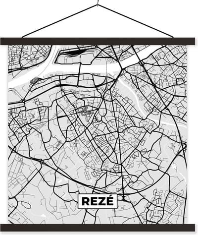 Posterhanger incl. Poster 60x60 cm - Schoolplaat - Frankrijk - Rezé - Stadskaart - Plattegrond - Kaart - Textielposter - Zwarte latten - Stadskaart