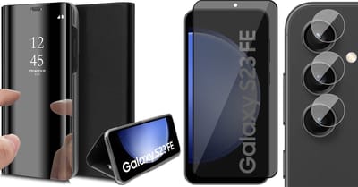 Hoesje geschikt voor Samsung Galaxy S23 FE - Privacy Screenprotector Volledig Dekkend Glas & Camera - Spiegel Book Case Zwart