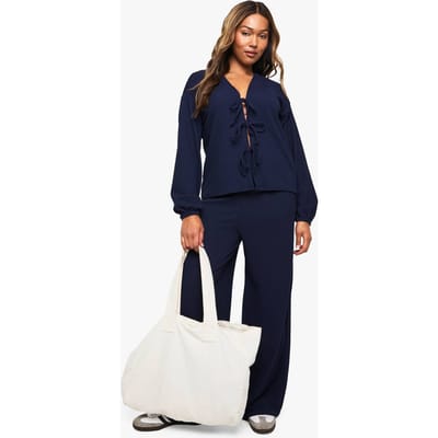 boohoo Dames Plus Rib Tie Front Blouse en Broekset | Marineblauw | Maat: 56